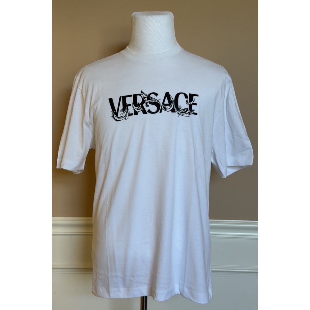 Versace Print Cotton Jersey T-Shirt White/Black Large 1014427 NWT